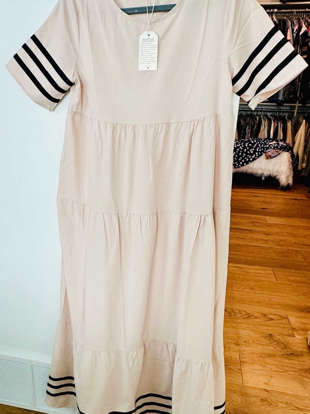 Women's Cream Tiered Dress with Black Stripe Trim, Resort wear